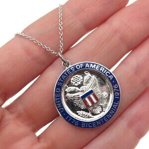 Griffith & Sons Sterling Vintage Enamel Bicentennial US Great Seal Necklace 18"